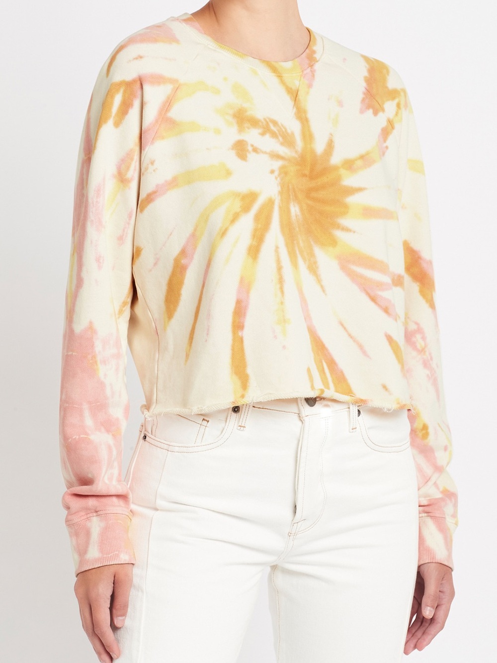 New Mother The Loafer Crop Fray Sweatshirt in Coral Haze & Lemon Size Medium